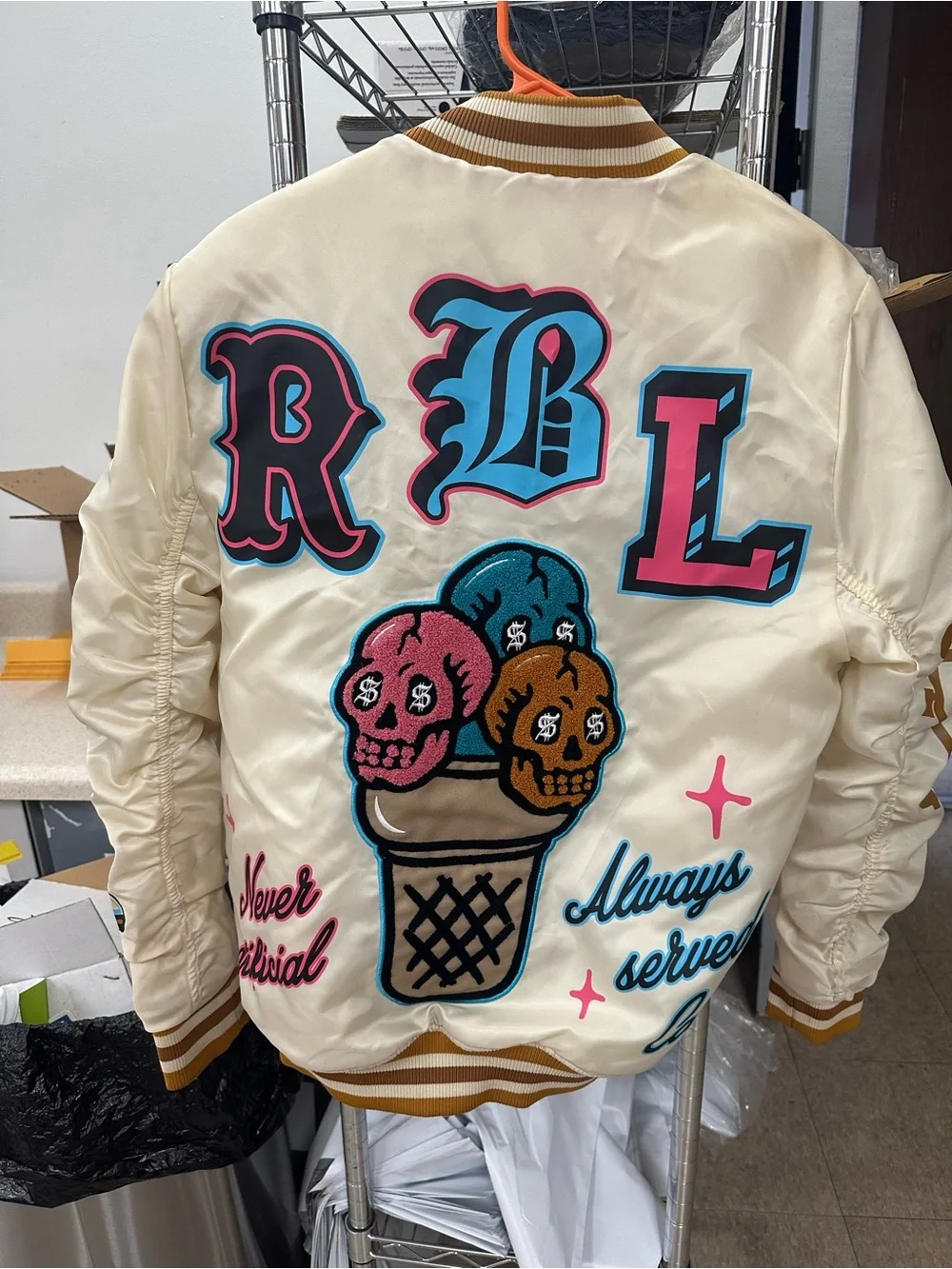 Rebel Minds Cream 'Rich Flavors' Embroidered Kids Satin Bomber Jacket